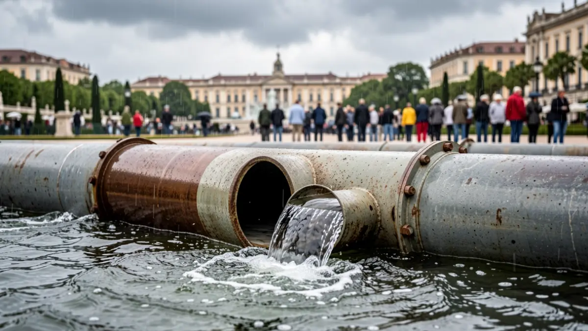Image of a sanitation pipe in Aranjuez with flowing water, under a cloudy sky.