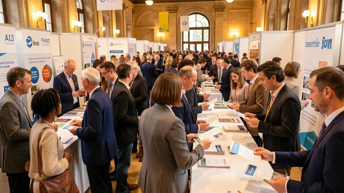 Generic image of a job fair with attendees and stands.