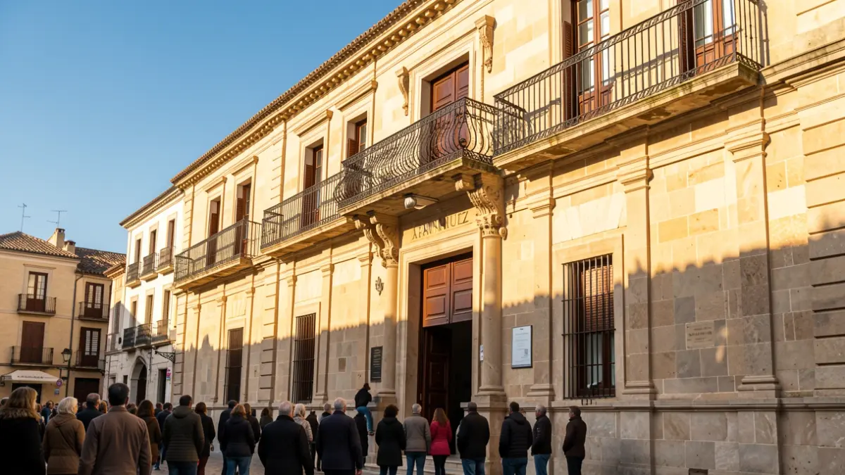 Facade of the Aranjuez Town Hall with balcony and iron railings, warm afternoon light.
