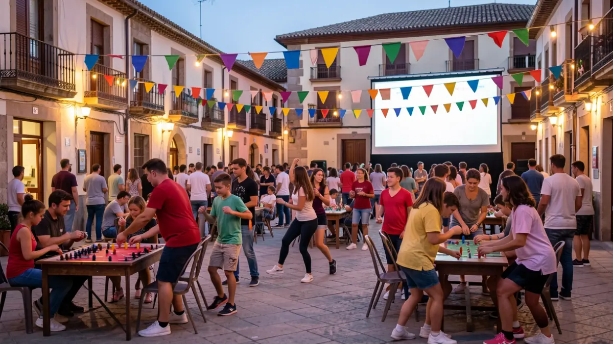 Generic image of a Spanish town square at dusk with family and youth activities.