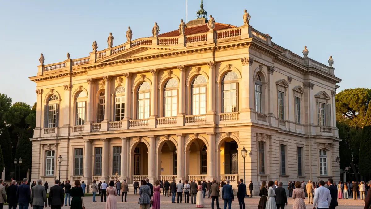 Facade of the Teatro Real Carlos III in Aranjuez, a historic building with classical architecture, illuminated by warm afternoon light.