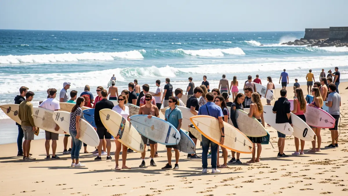 Jóvenes con tablas de surf en la playa de Somo, Cantabria.
