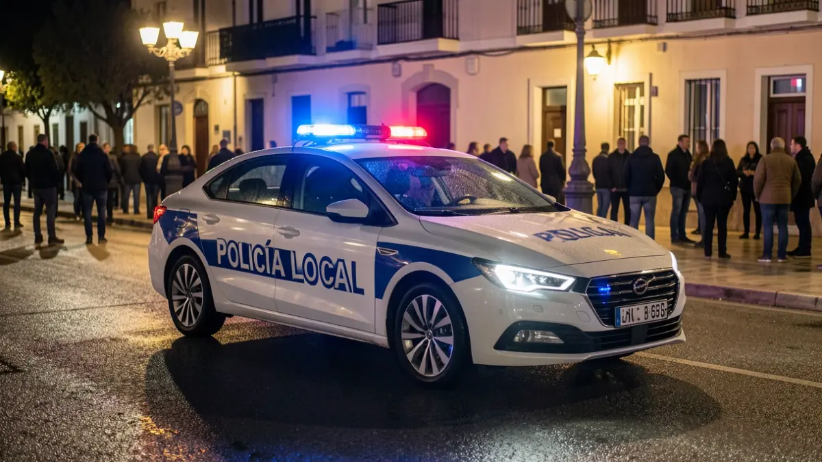 Imagen de un coche patrulla de la Policía Local de Aranjuez con las luces de emergencia encendidas por la noche.
