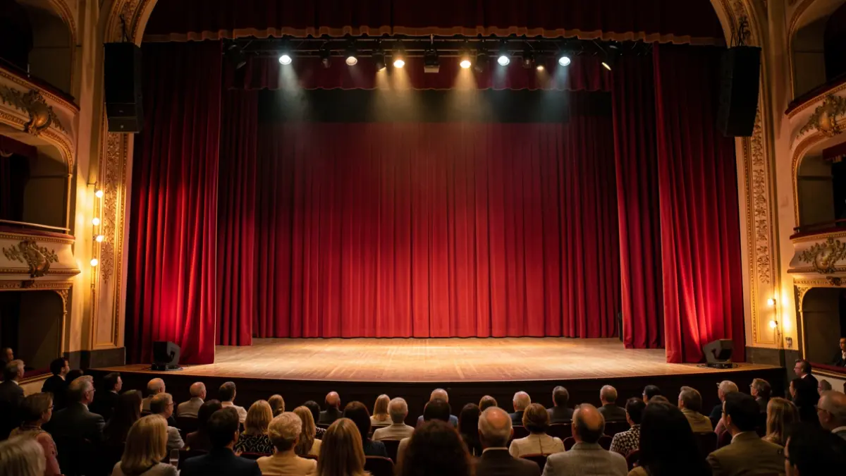Imagen genérica de un escenario de teatro con telón rojo y focos.
