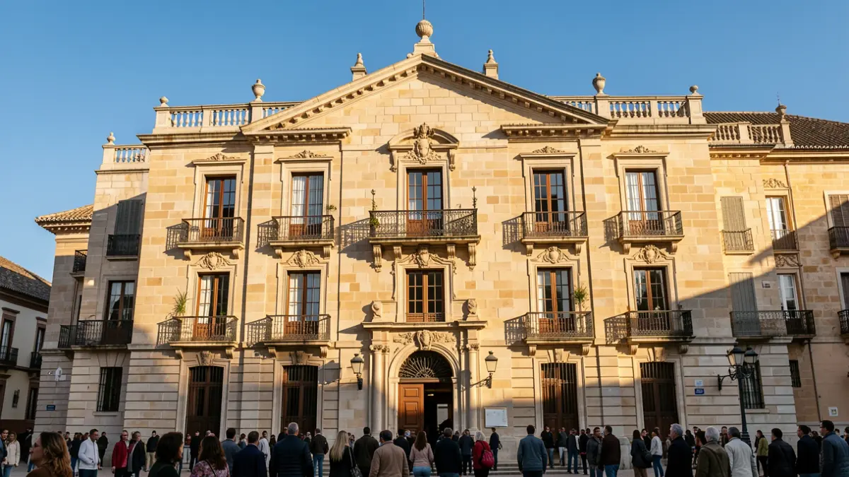 Fachada de un ayuntamiento de Aranjuez con balcones y barandillas de hierro, bajo la luz del sol de la tarde.