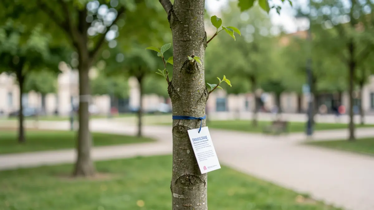 Generic image of an urban tree with an informational tag.
