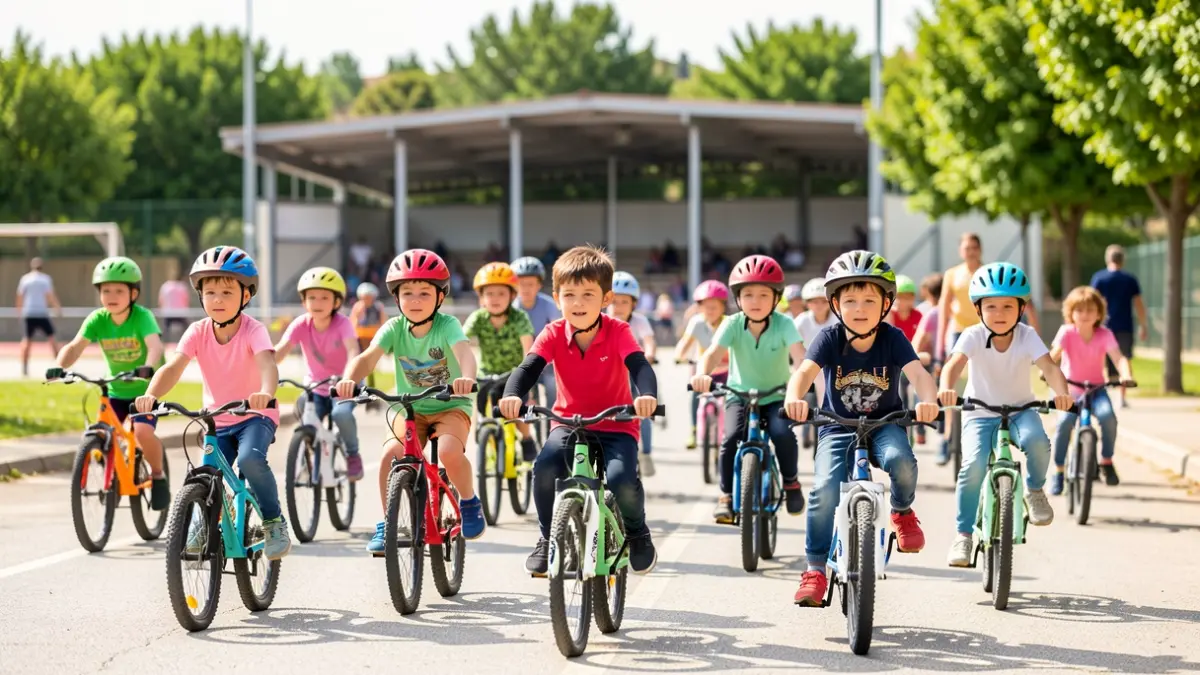 Imagen de niños participando en una escuela de ciclismo en Venturada.
