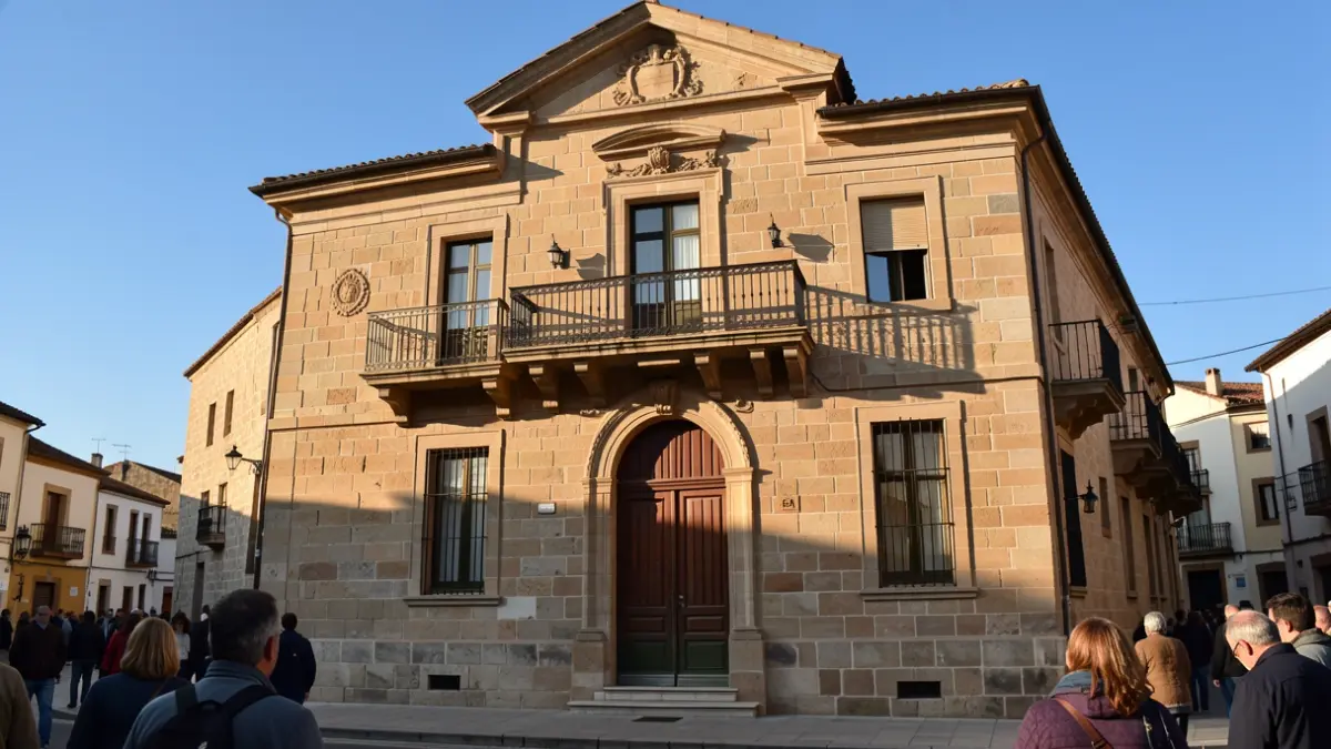 Fachada del Ayuntamiento de Arroyomolinos con balcón y barandillas de hierro, bajo la luz del sol de la tarde.