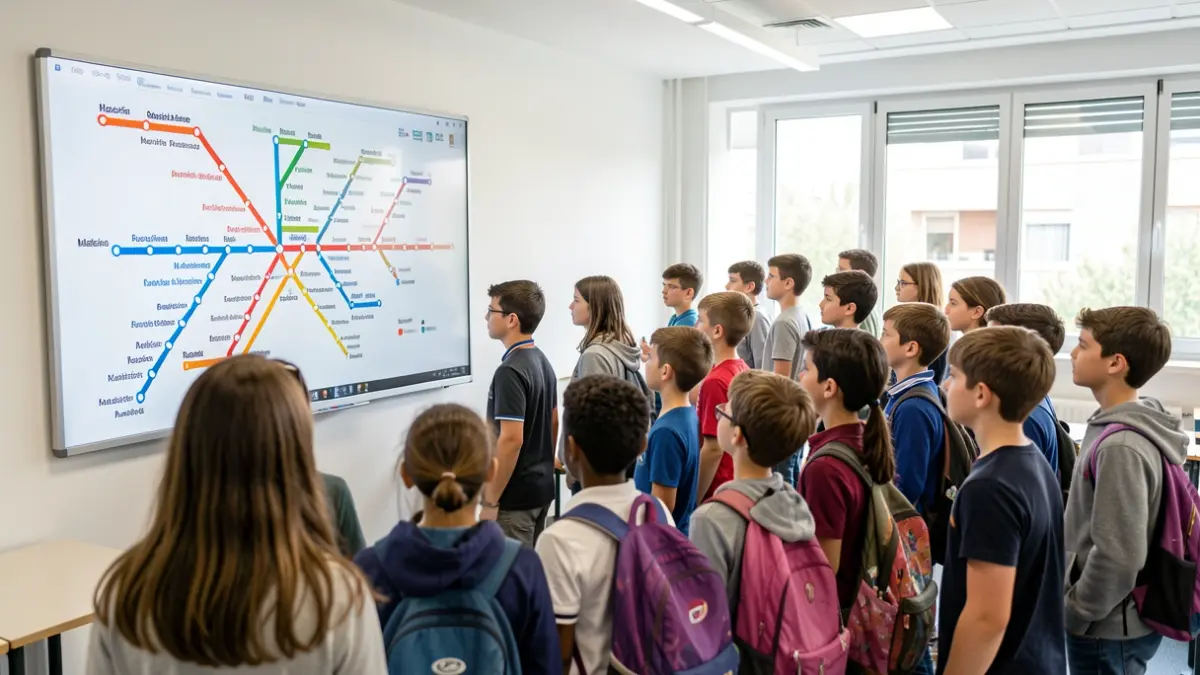 Image of schoolchildren learning about the Madrid Metro map in a classroom.