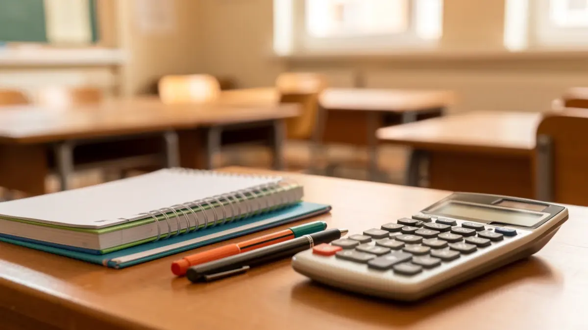 School supplies such as notebooks, pens, and a calculator on a wooden desk.