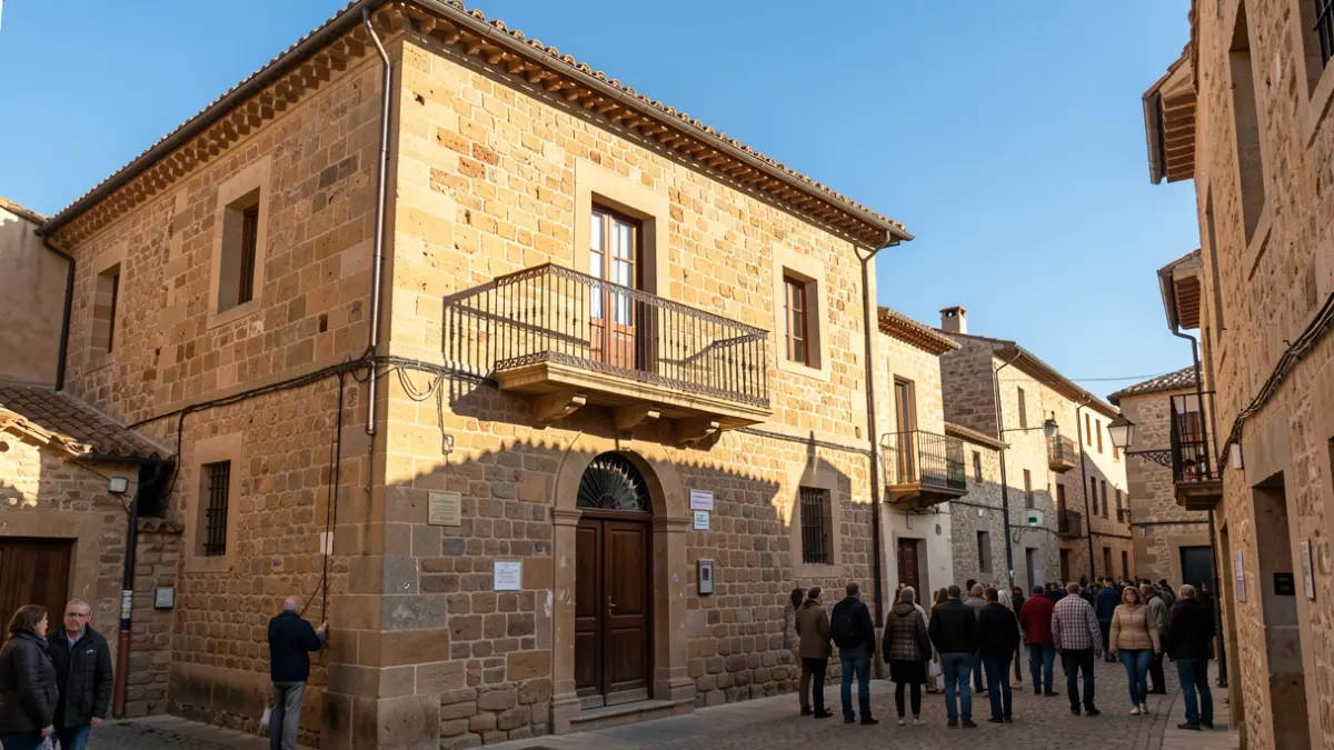 Facade of a stone town hall with a balcony and iron railings, afternoon light.