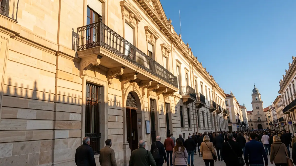 Facade of a town hall in the Community of Madrid with a balcony and iron railings, warm afternoon light.