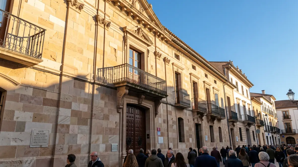 Facade of a stone town hall with an ornate balcony and iron railings, warm afternoon light.