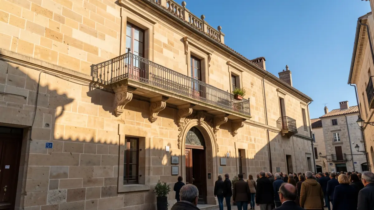 Fachada de un ayuntamiento tradicional de piedra con balcón y barandillas de hierro, luz cálida de la tarde proyectando sombras sobre las paredes de arenisca, cielo azul.