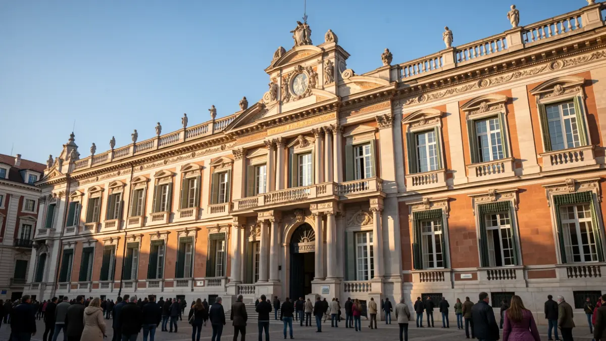Fachada de un palacio histórico en Madrid con arquitectura ornamentada, luz cálida de la tarde.