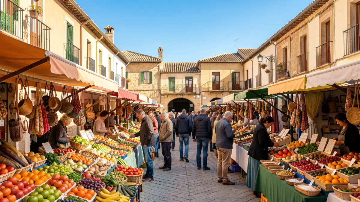 Imagen genérica de un mercado local al aire libre en un pueblo español con puestos de productos y artesanía.
