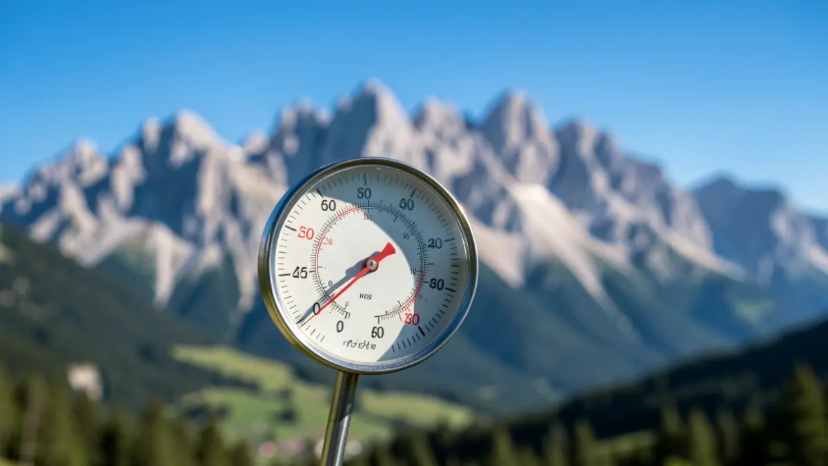 Thermometer showing high temperature with the Sierra de Guadarrama mountains in the background.