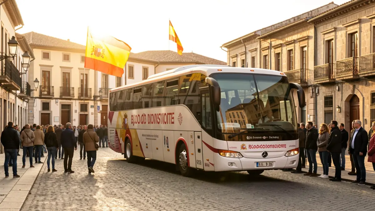 Autobús de donación de sangre aparcado en una plaza de un pueblo español.