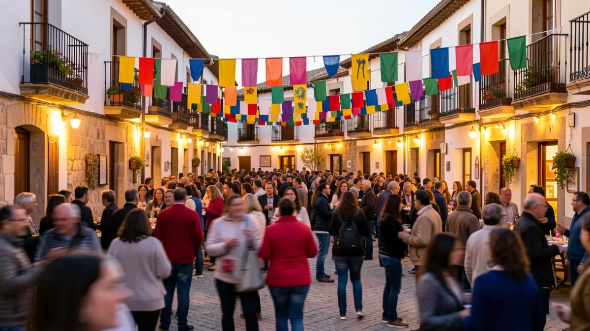 Spanish village square during a local festival with people celebrating and warm lights.