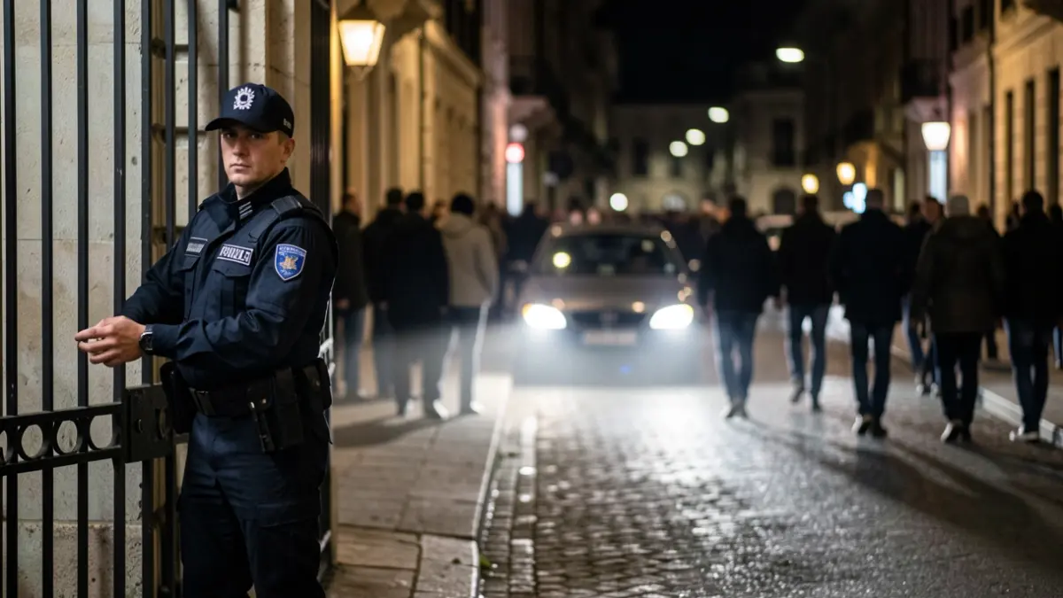 Generic image of a security guard at night near a closed gate with blurred car headlights in the background.