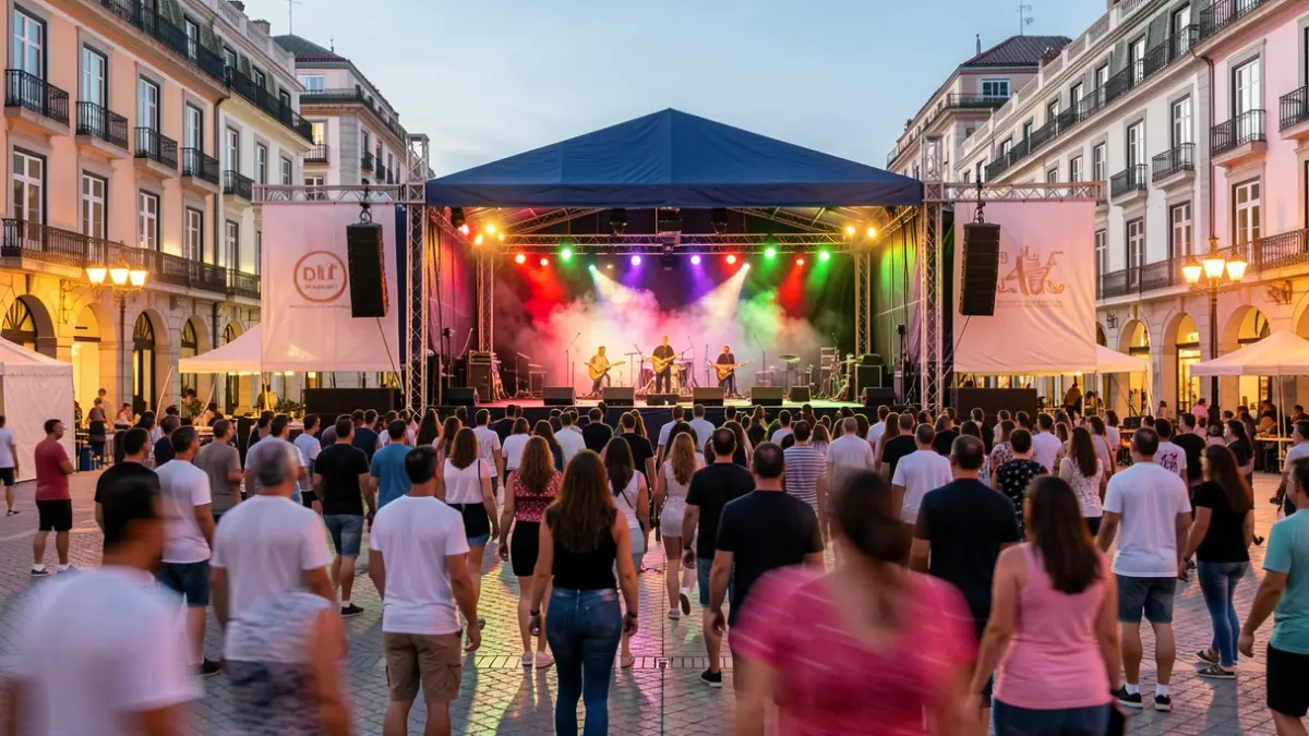 Scene of an outdoor music festival in a Madrid square with an audience enjoying the performance under night lights.