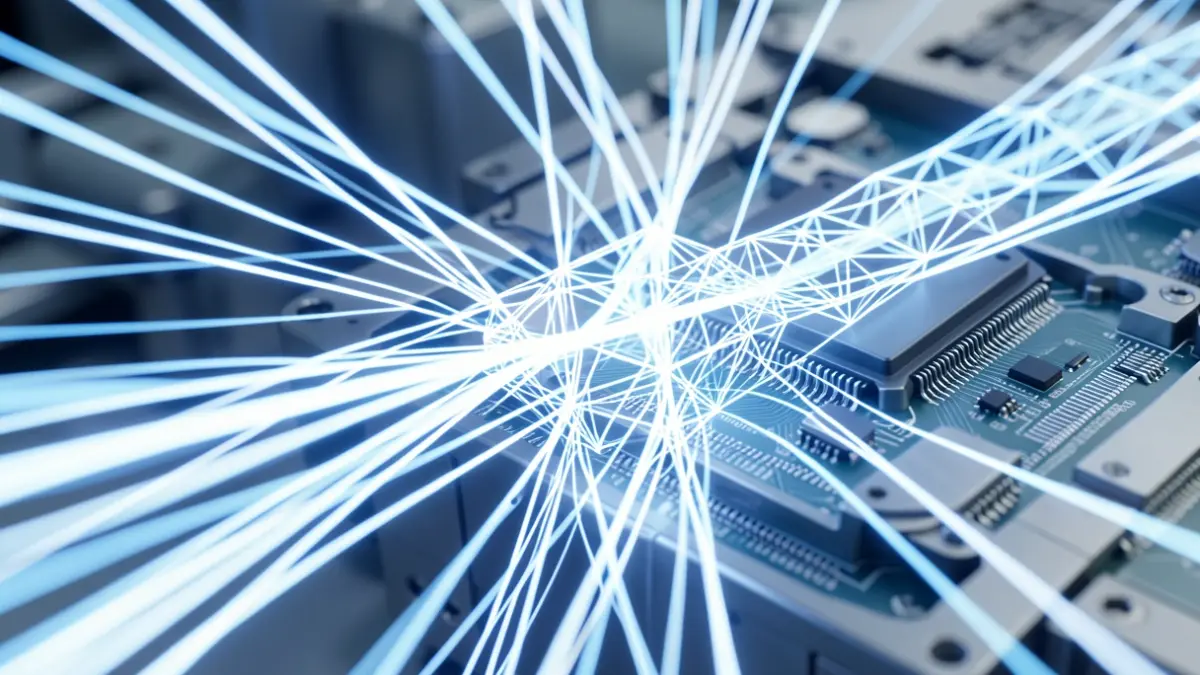 Generic image of particle accelerator simulation with energy lines and geometric patterns.