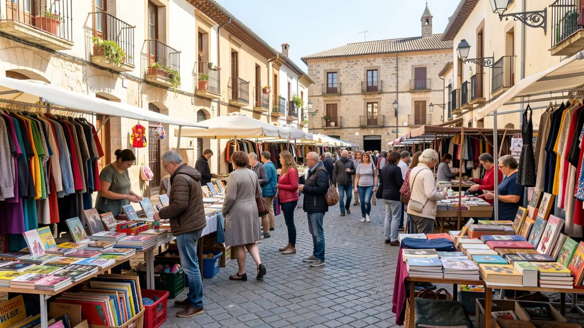 Generic image of a second-hand market in a Spanish town square with neighbors exchanging items.