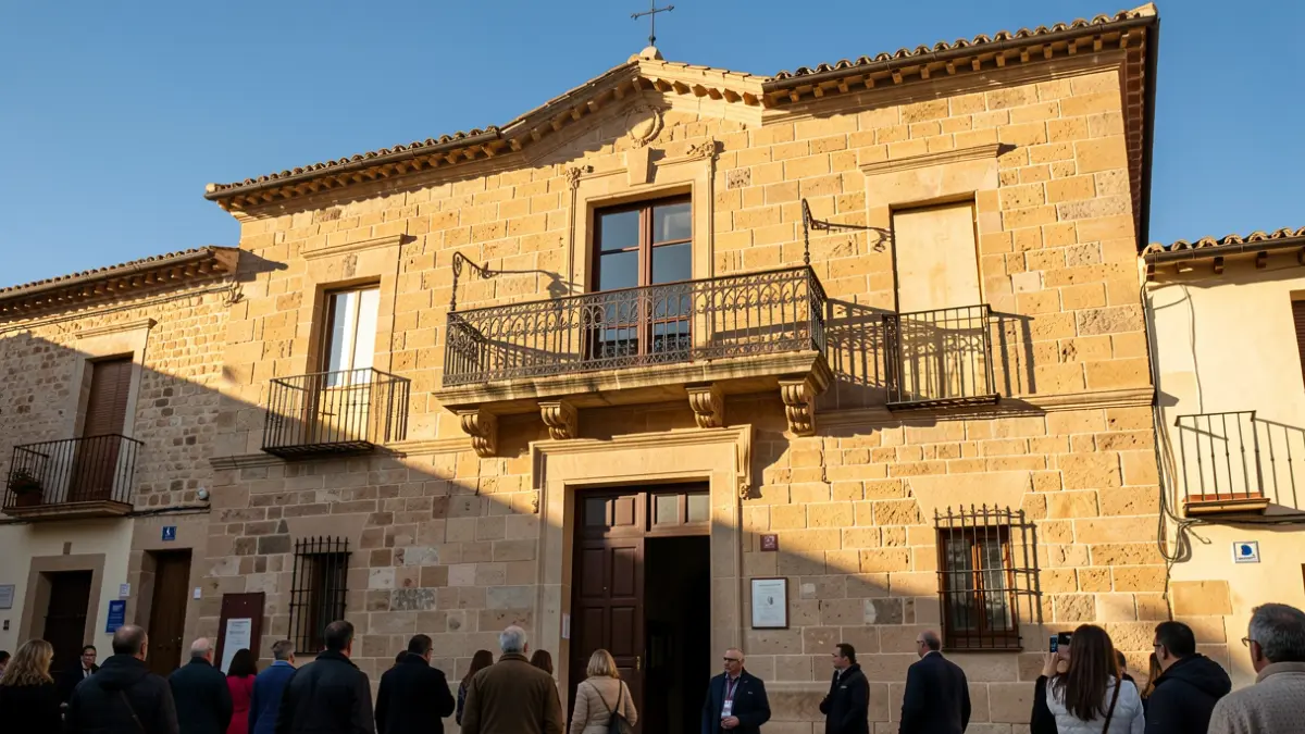 Fachada del Ayuntamiento de Ciempozuelos con balcón y barandillas de hierro, luz de sol de la tarde.