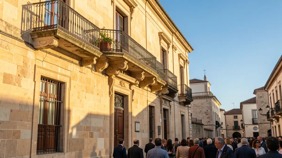 Fachada del Ayuntamiento de Ciempozuelos con balcón y barandillas de hierro, bajo la luz del sol de la tarde.