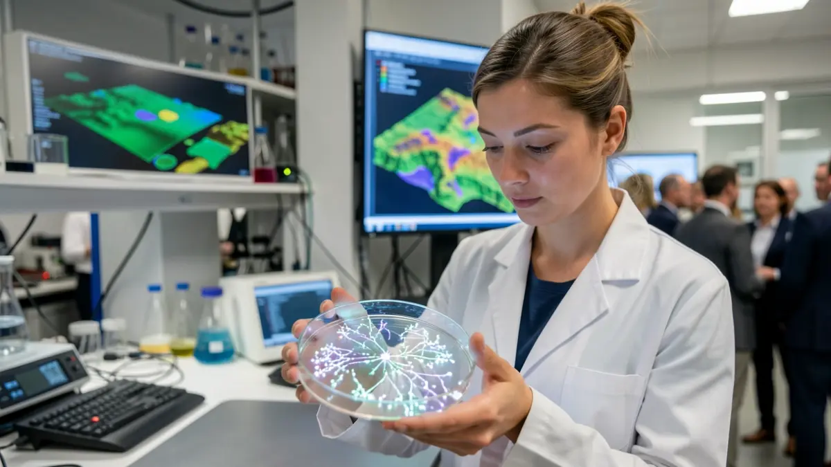 Image of a scientist working with samples in a laboratory, with screens showing 3D models.
