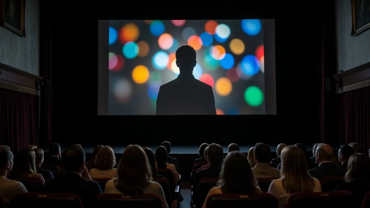 Imagen genérica de una pantalla de cine con luces de proyector.