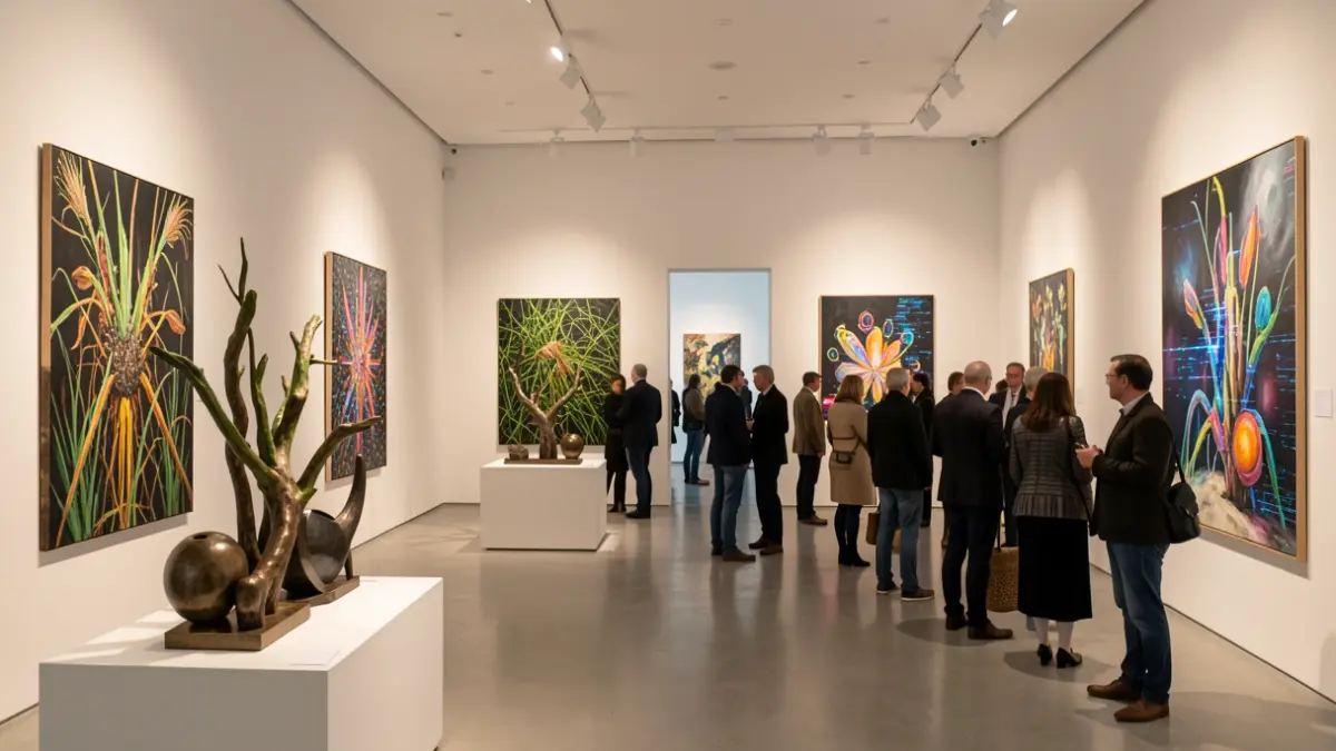 Contemporary art exhibition featuring sculptures and paintings inspired by nature and technology.
