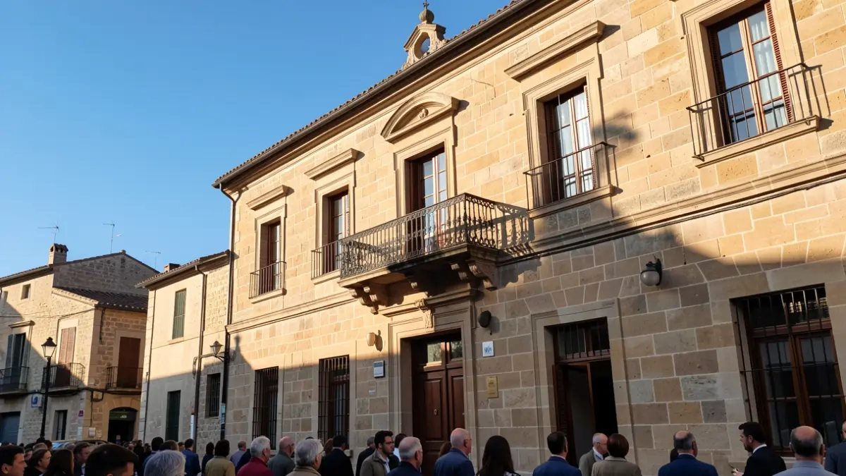 Fachada de un ayuntamiento de piedra con balcón y barandillas de hierro, luz de tarde.