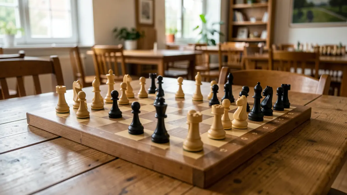Chessboard with pieces in a community room.