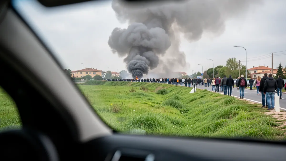 Image of a column of black smoke rising over dry grass in Alcorcon, with a partially burned car in the foreground.