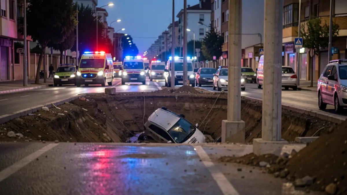 Generic image of a car fallen into a construction site in Majadahonda with emergency lights.