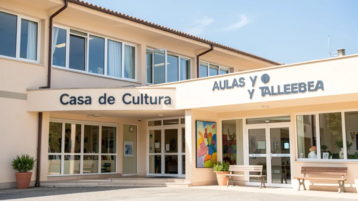 Fachada de la Casa de Cultura de Collado Villalba anunciando la apertura de inscripciones para sus aulas y talleres.