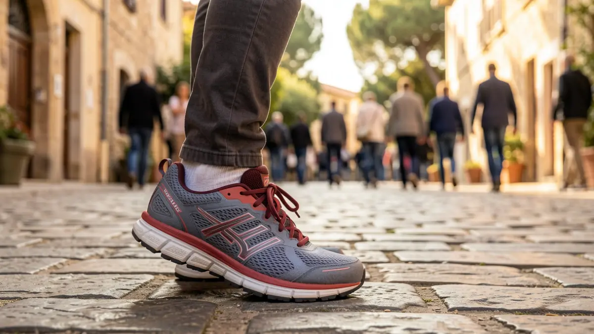 Generic image of a sports shoe on urban pavement.