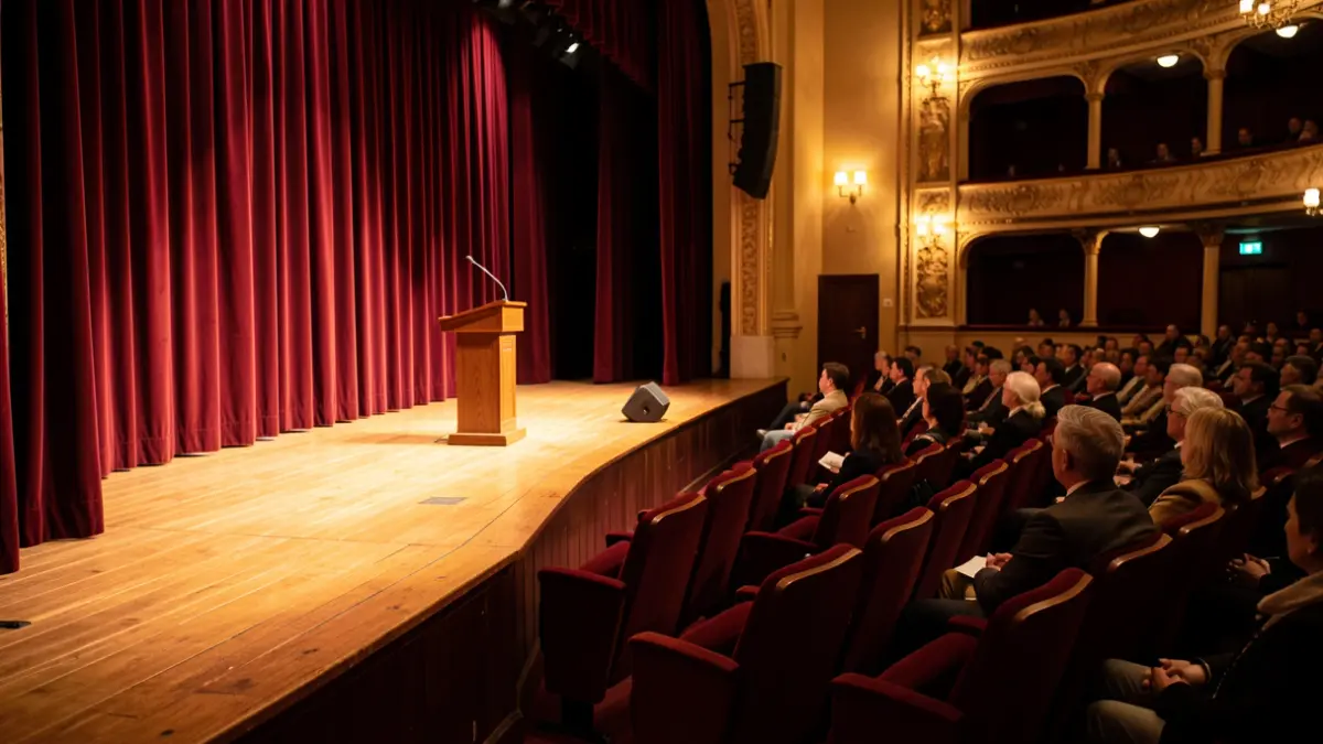 Escenario de teatro con iluminación cálida y cortinas, preparado para una representación cultural.