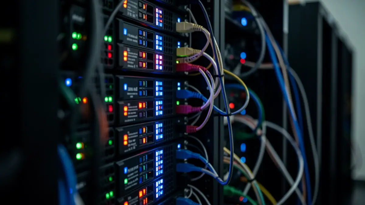 Generic image of computer servers with blinking lights.