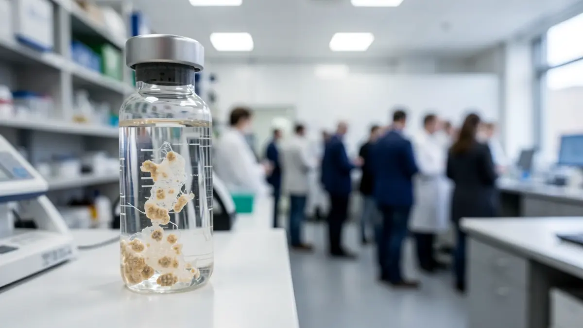 Primer plano de un vial con material genético en un laboratorio.