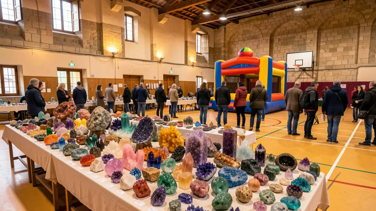 Imagen de la Feria de Minerales de Colmenar Viejo con expositores, minerales y actividades infantiles.