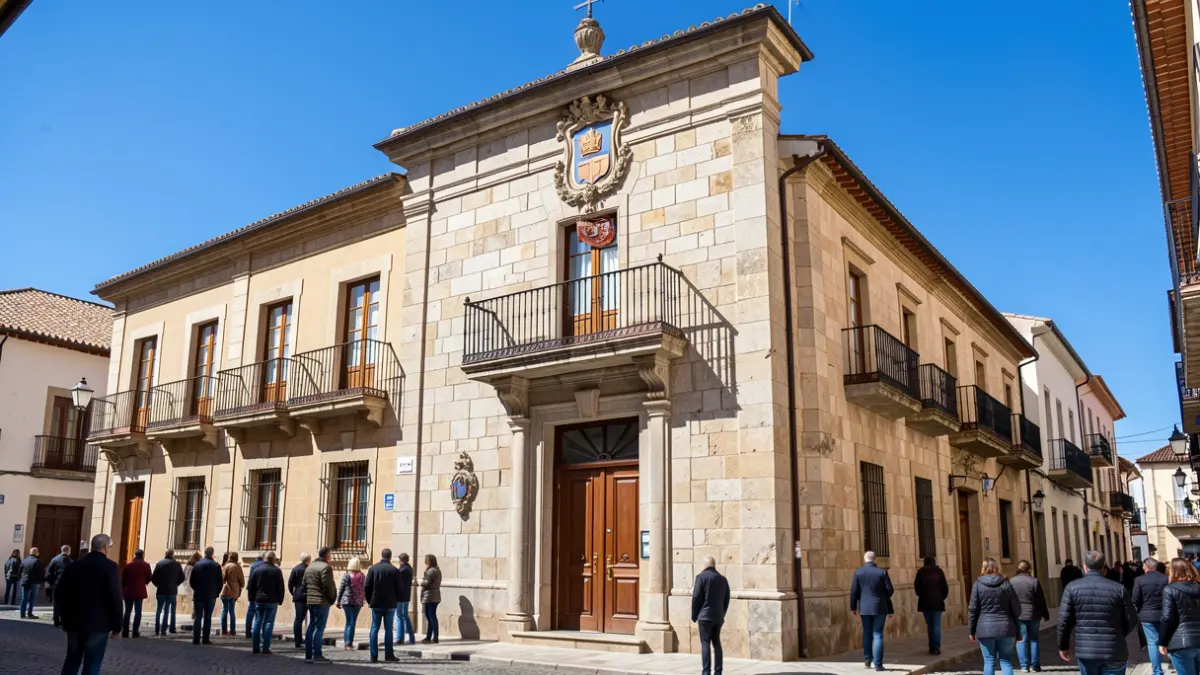 Facade of a Spanish town hall with an official seal.