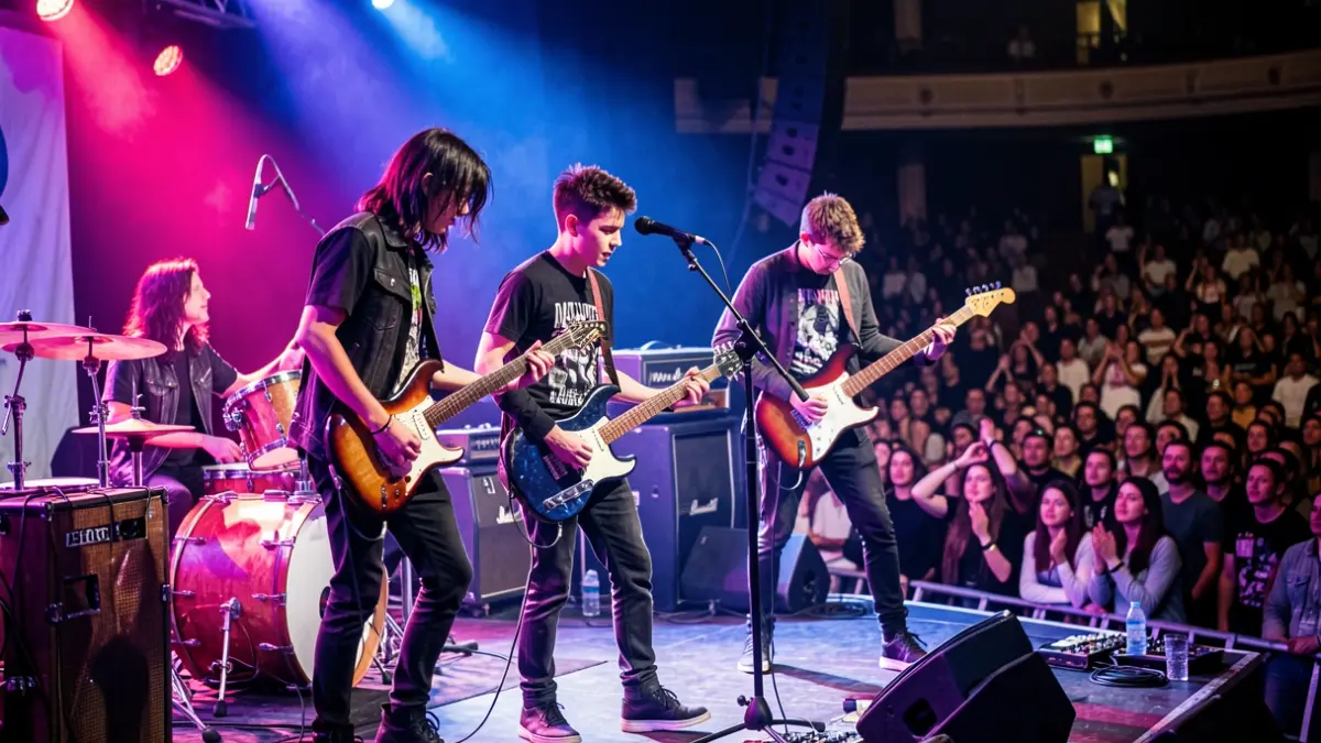 Generic image of a young band playing live with stage lighting.