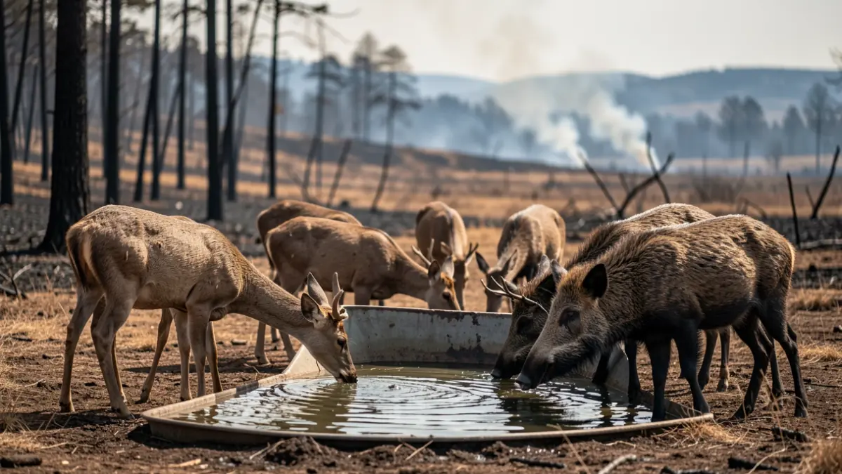 Imagen genérica de animales bebiendo agua en un bosque afectado por un incendio.