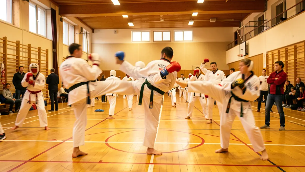 Imagen genérica de entrenamiento de taekwondo con figuras borrosas practicando patadas y bloqueos en un gimnasio.
