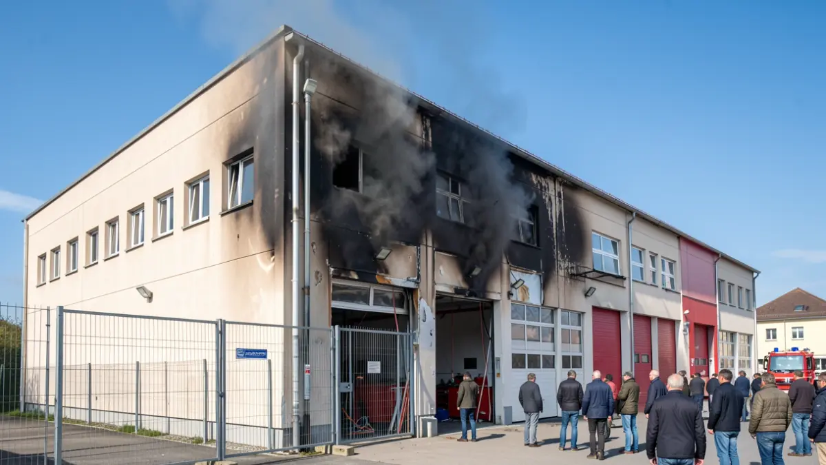Fachada del Parque de Bomberos de San Martín de Valdeiglesias tras el incendio, mostrando daños y trabajos de reparación.
