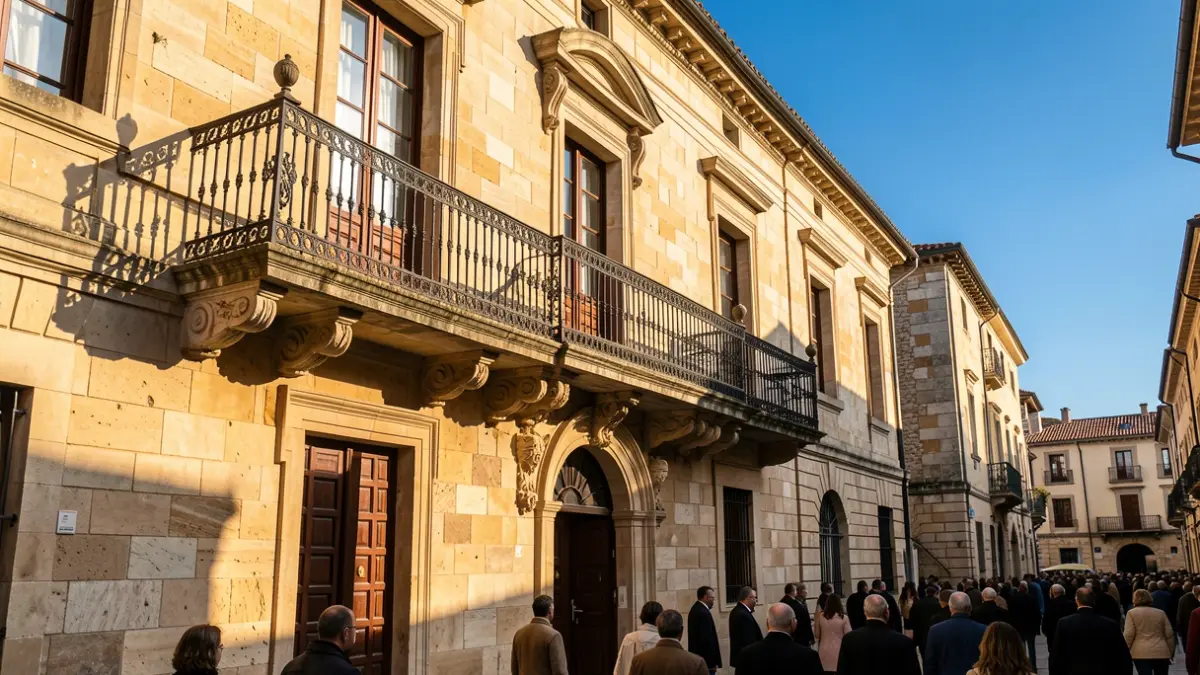 Fachada de un ayuntamiento tradicional de piedra con balcón y barandillas de hierro, luz cálida de la tarde proyectando sombras en las paredes de arenisca, cielo azul.