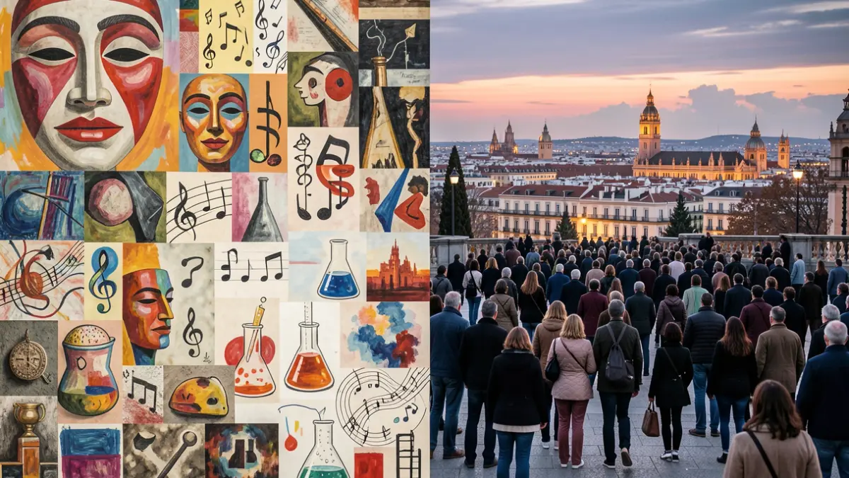 Generic image of an abstract collage representing various performing and cultural arts in Madrid.