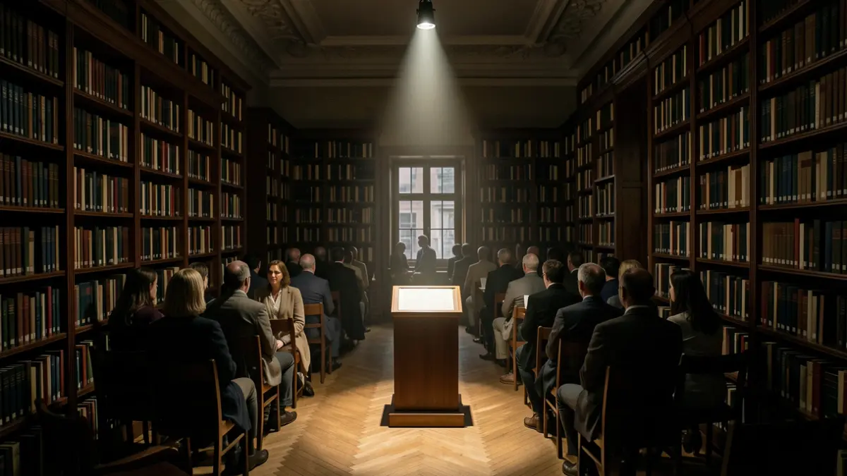 Imagen genérica de una sala de biblioteca con estanterías y un atril.